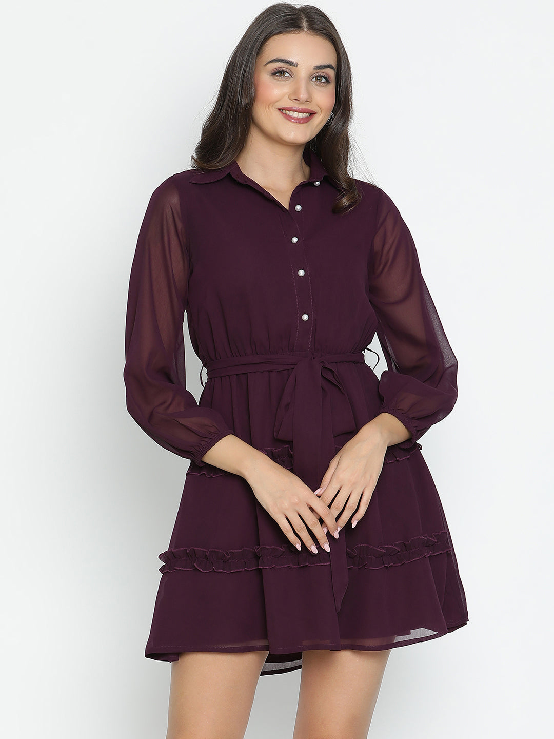 DRAAX FASHIONS Womens Collared Full Sleeves Magenta Knee Length Dress