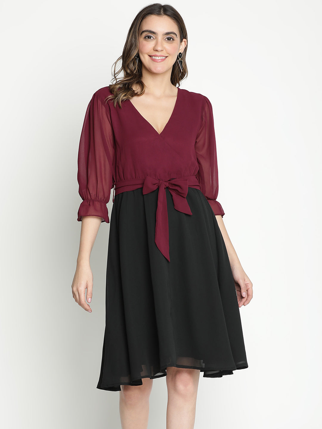 Knee Length,Multicolor Dress,Knee Length Dress,V-Neck Dress,Quater Sleeves Dress,Multi Solid Dress
