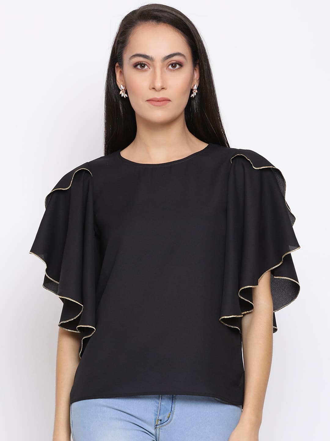 Regular,Black Top,Regular Top,Round Neck Top,Short Sleeves Top,Black Solid Top