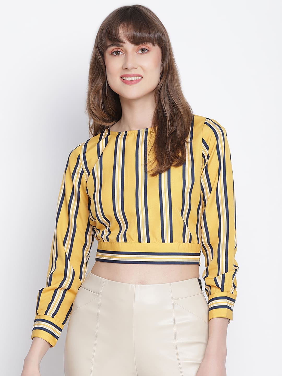 Crop Top,Yellow Top,Crop Top,Round Neck Top,Full Sleeves Top,Yellow Srtipe Top