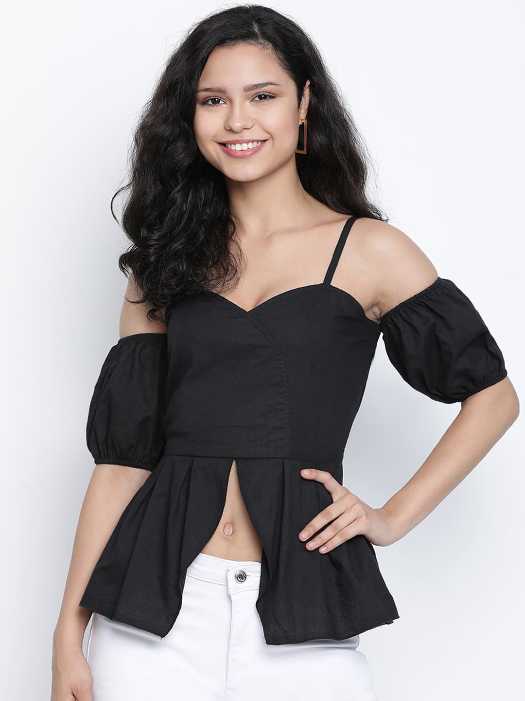 Crop Top,Black Top,Crop Top,V-Neck Top,Sleeveless Top,Black Solid Top