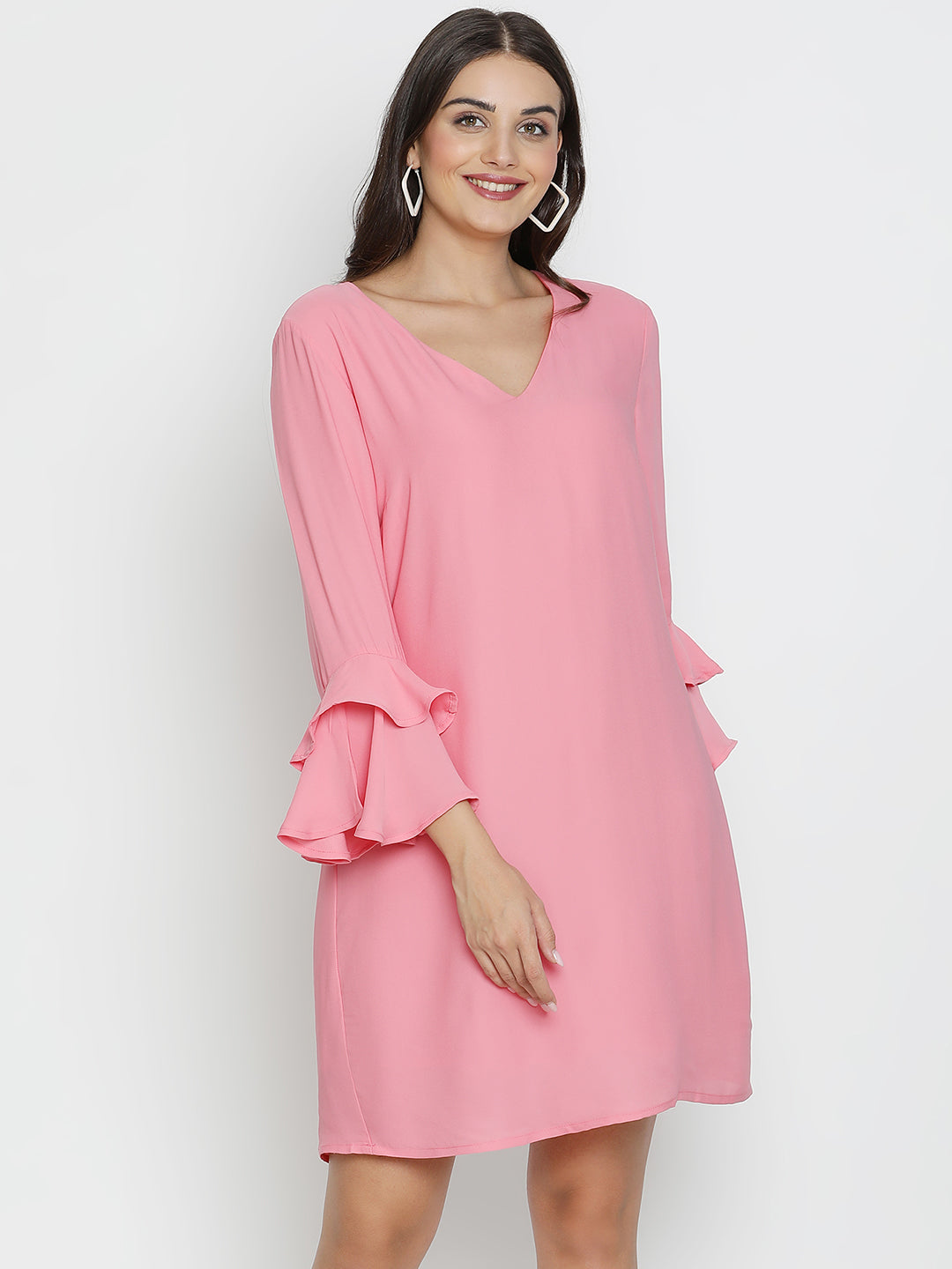 DRAAX FASHIONS Womens Full Sleeves V-Neck Pink Dress
