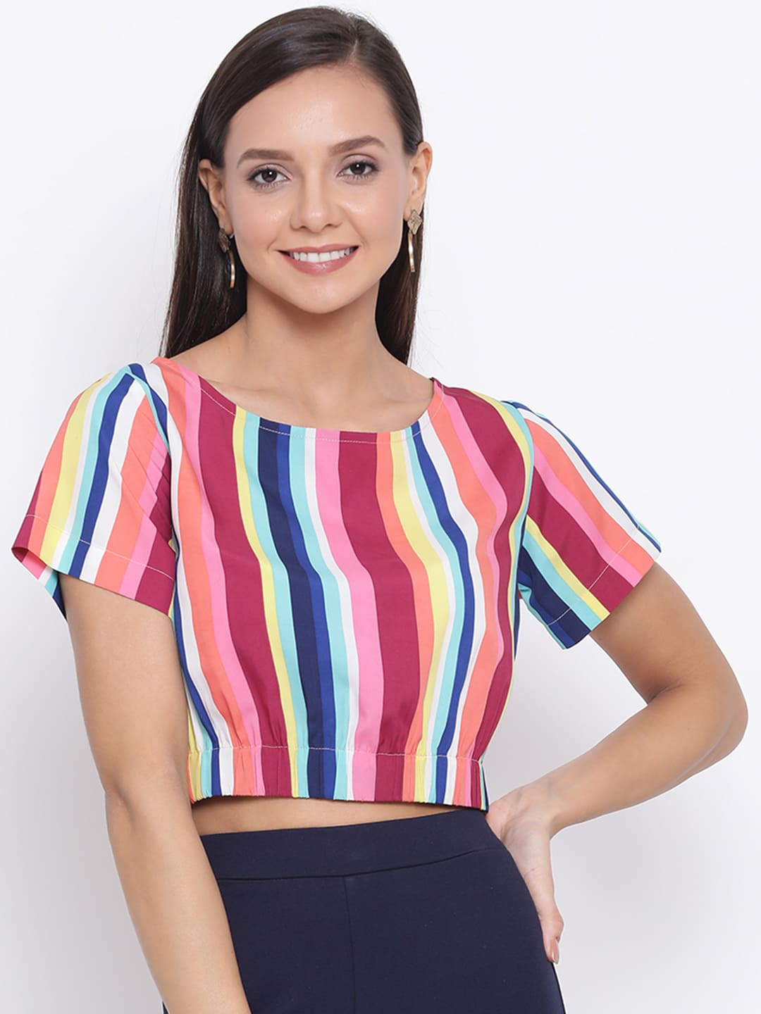 Crop Top,Multicolor Top,Crop Top,Round Neck Top,Short Sleeves Top,Multi Striped Top