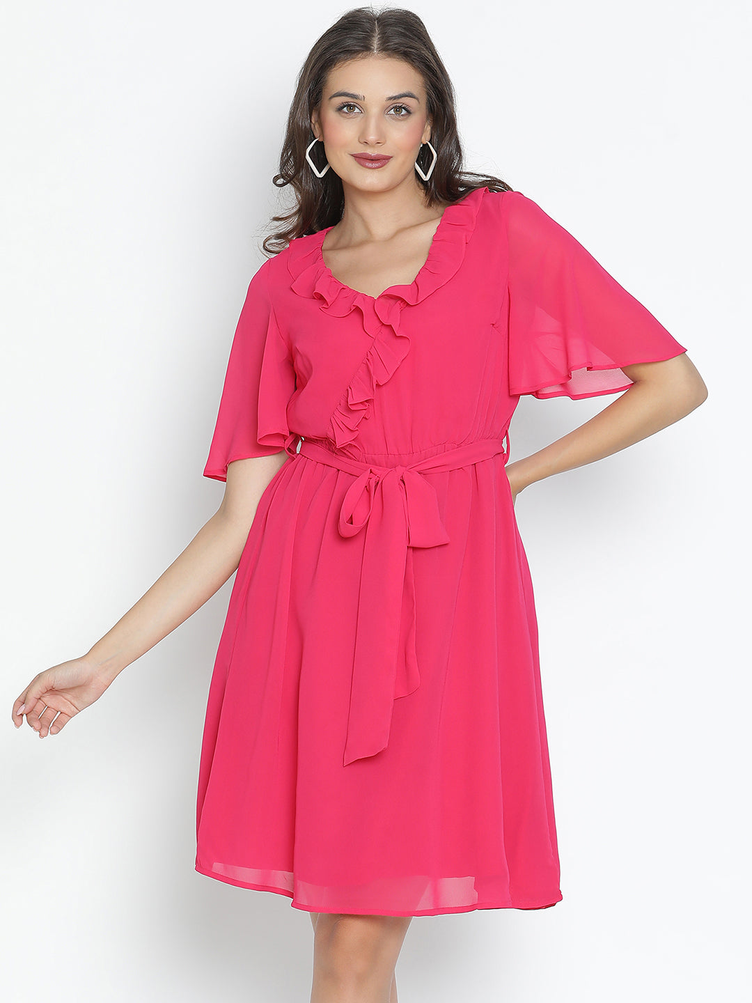 DRAAX FASHIONS Womens Front Tie V-Neck Pink Knee Length Dress
