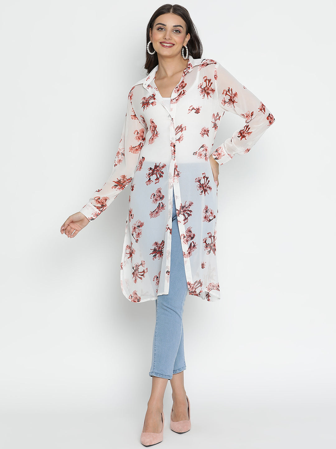DRAAX FASHIONS Womens White Floral Long Shrug
