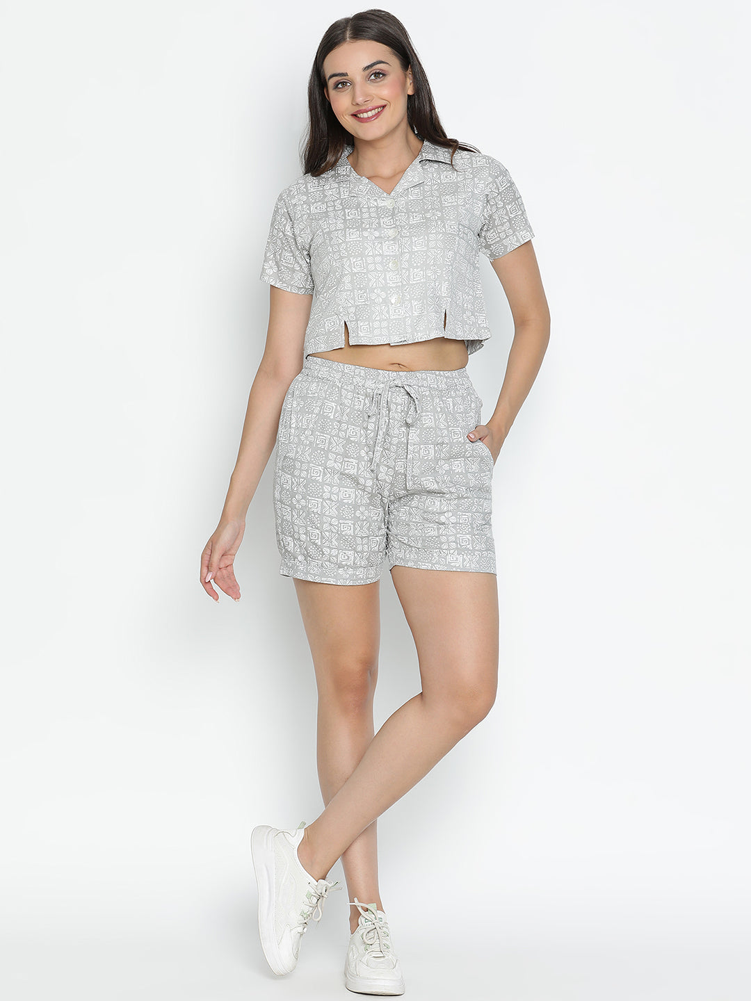 DRAAX FASHIONS Womens Grey Printed Co-Ord Set With Top and Shorts