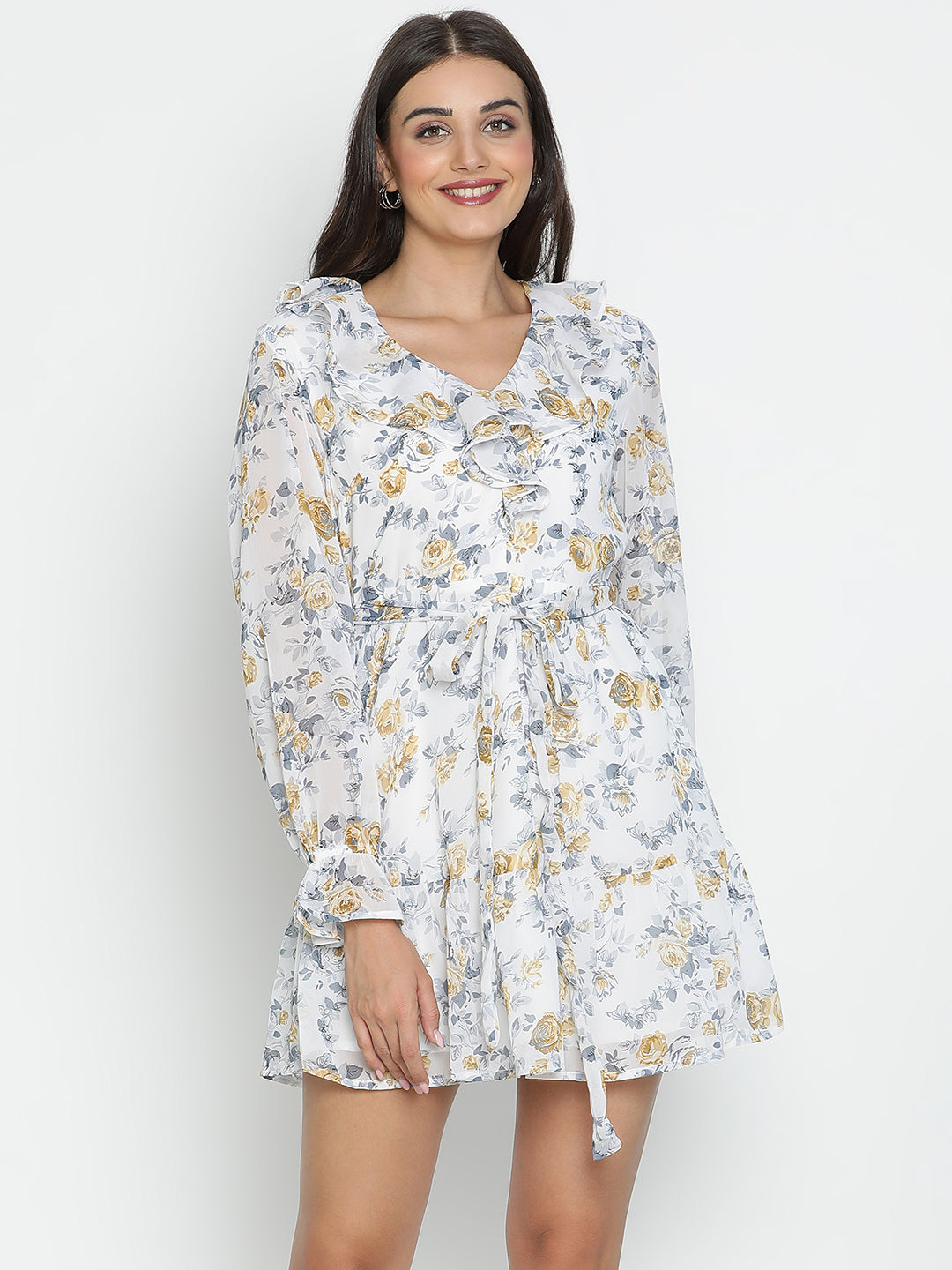 DRAAX FASHIONS महिलाओं के लिए वी-नेक फ्लोरल प्रिंटेड सफ़ेद मिनी ड्रेस
