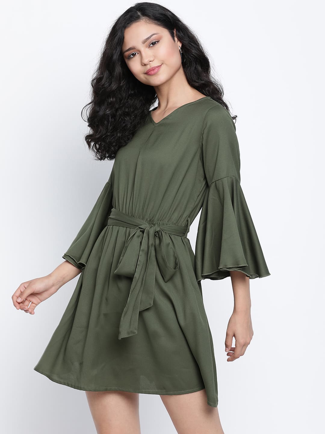 Knee Length,Green Dress,Knee Length Dress,V-Neck Dress,Quater Sleeves Dress,Green Solid Dress