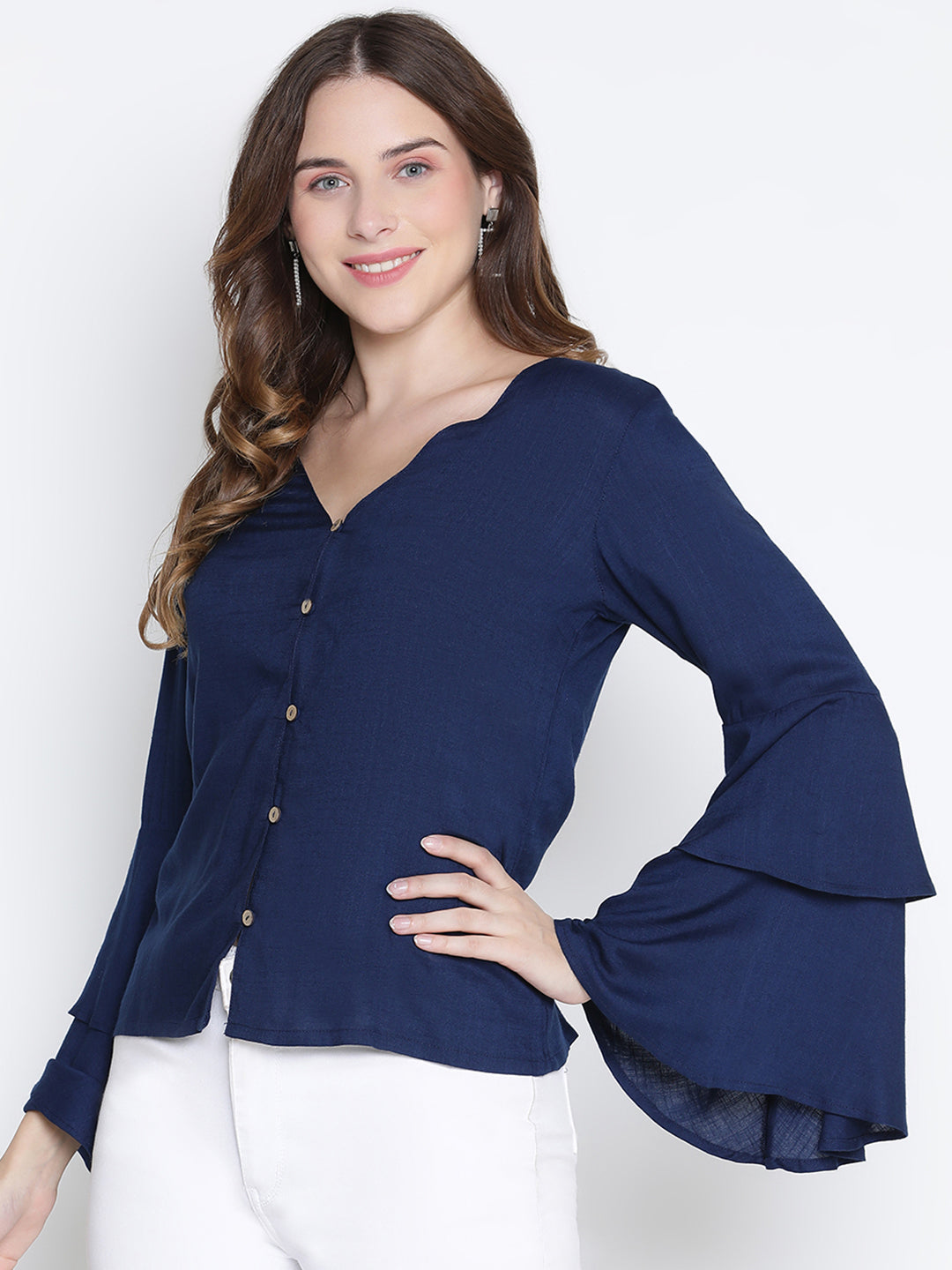 Regular,Blue Top,Regular Top,V-Neck Top,Full Sleeves Top,Blue Solid Top