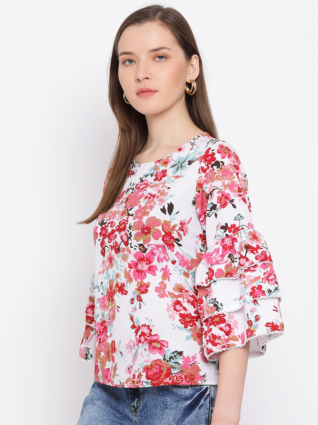 Regular,Multicolor Top,Regular Top,Round Neck Top,Quater Sleeves Top,Multi Floral Print Top
