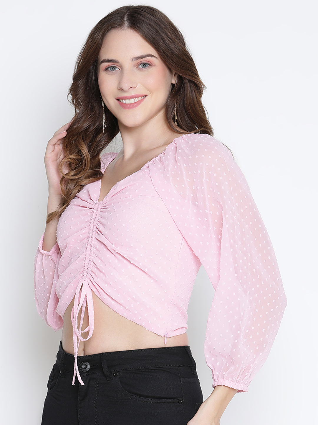 Crop Top,Pink Top,Crop Top,V-Neck Top,Full Sleeves Top,Pink Solid Top