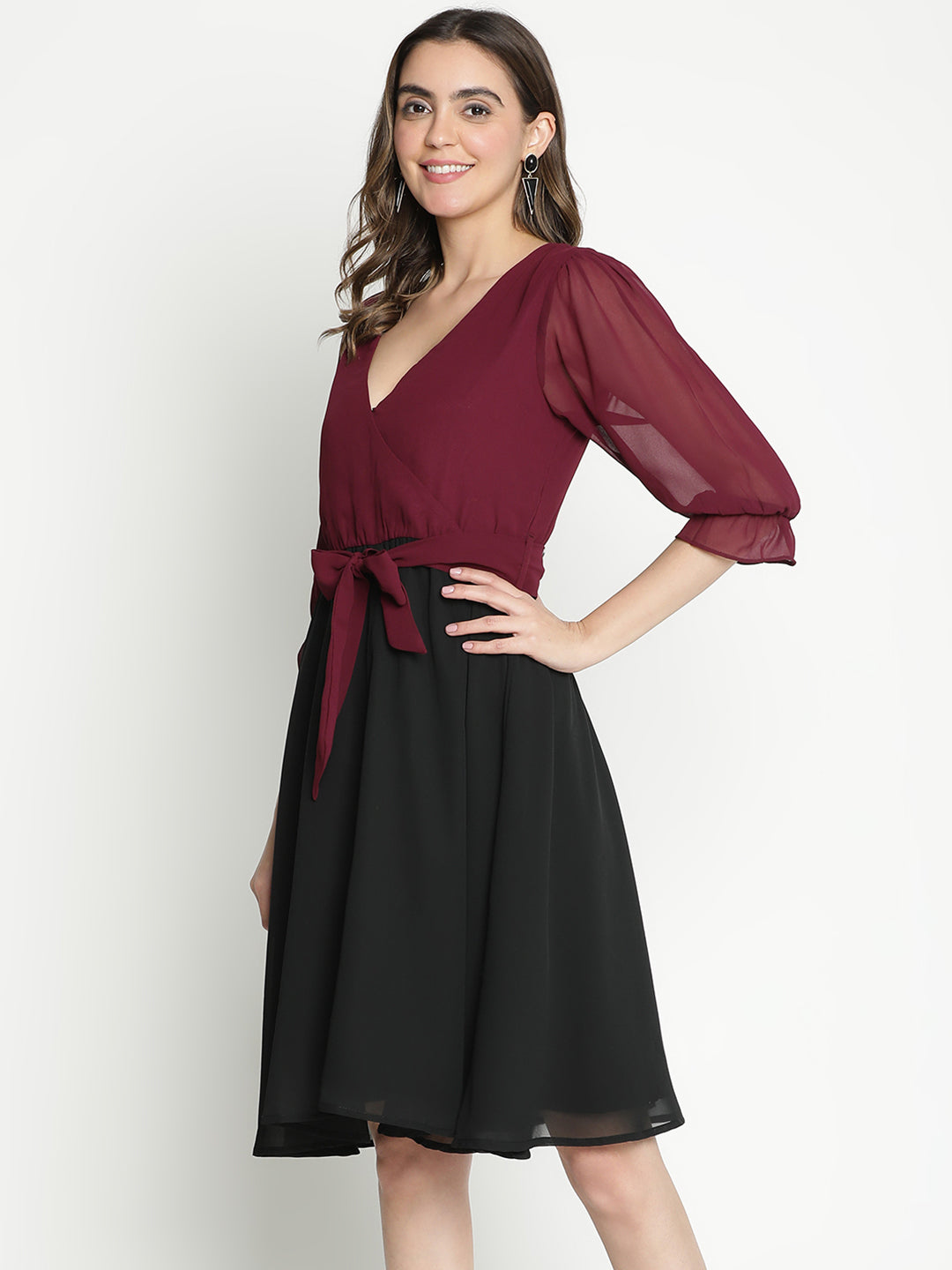 Knee Length,Multicolor Dress,Knee Length Dress,V-Neck Dress,Quater Sleeves Dress,Multi Solid Dress