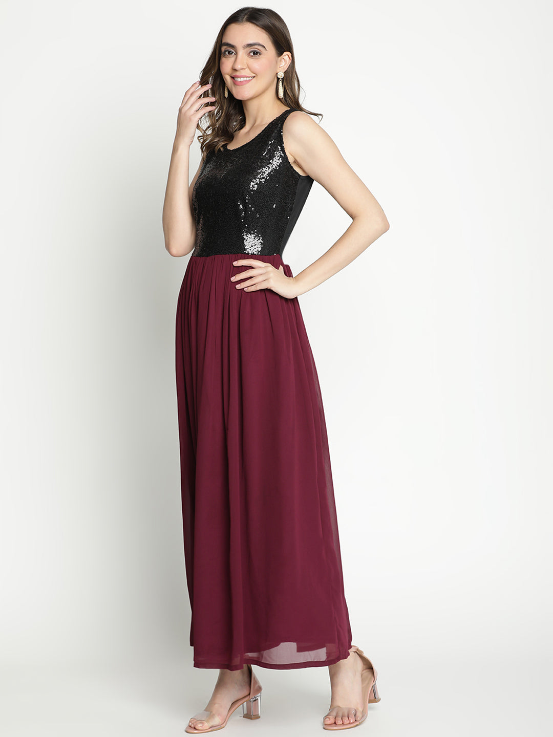 Maxi,Multicolor Dress,Maxi Dress,Round Neck Dress,Sleeveless Dress,Multi Sequined Dress