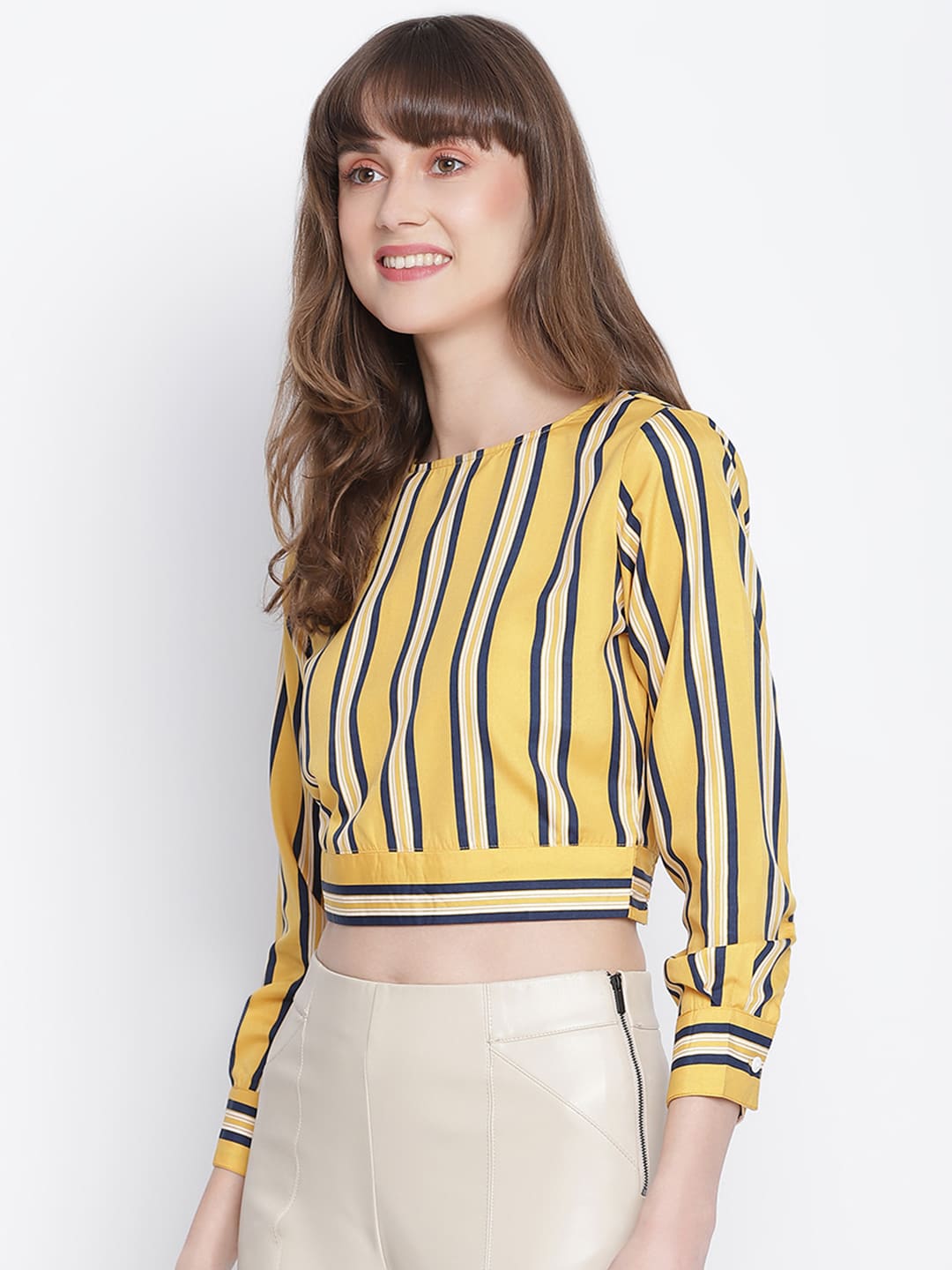Crop Top,Yellow Top,Crop Top,Round Neck Top,Full Sleeves Top,Yellow Srtipe Top