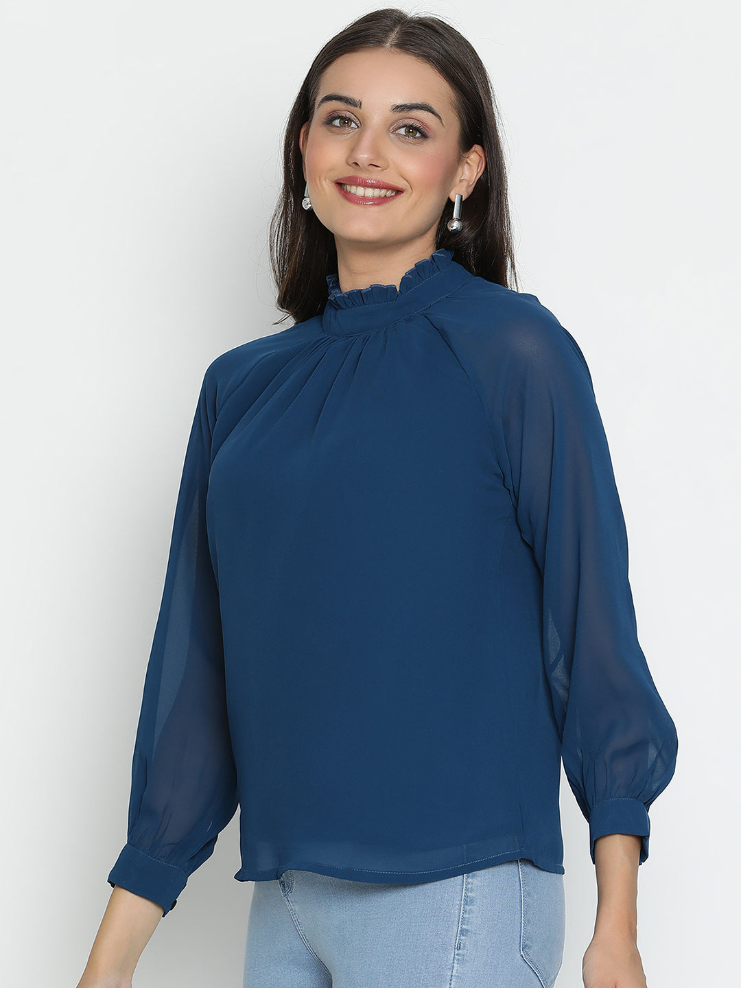 DRAAX FASHIONS महिलाओं के लिए नीला गोल नेक फुल स्लीव्स टॉप