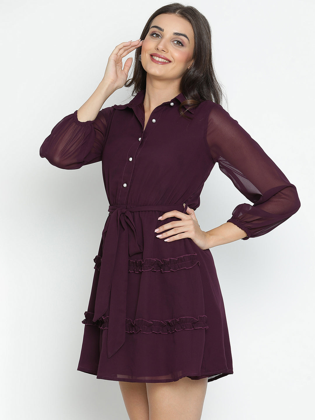 DRAAX FASHIONS Womens Collared Full Sleeves Magenta Knee Length Dress