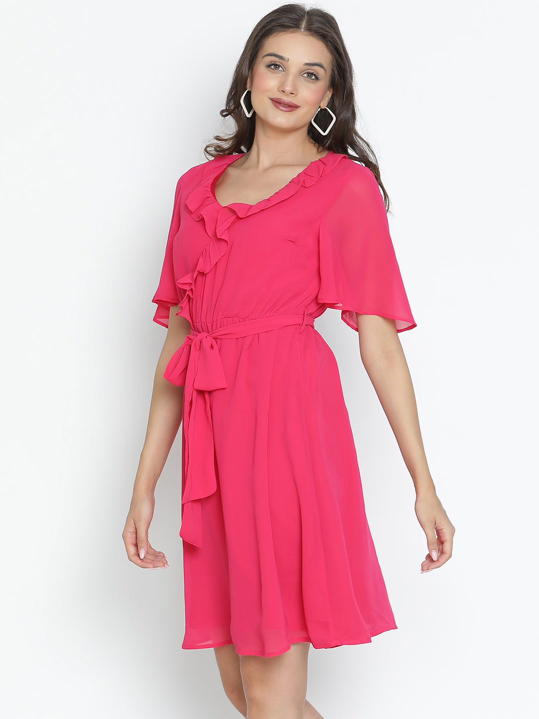 DRAAX FASHIONS Womens Front Tie V-Neck Pink Knee Length Dress