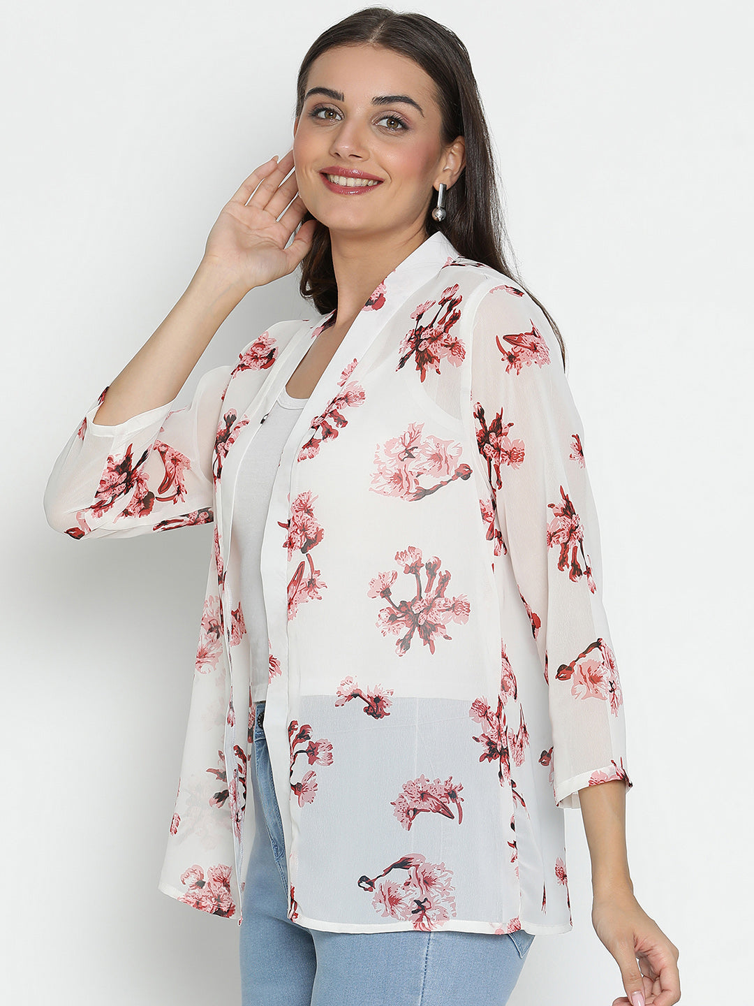 DRAAX FASHIONS Womens White Floral Full Sleeves Long Shrug