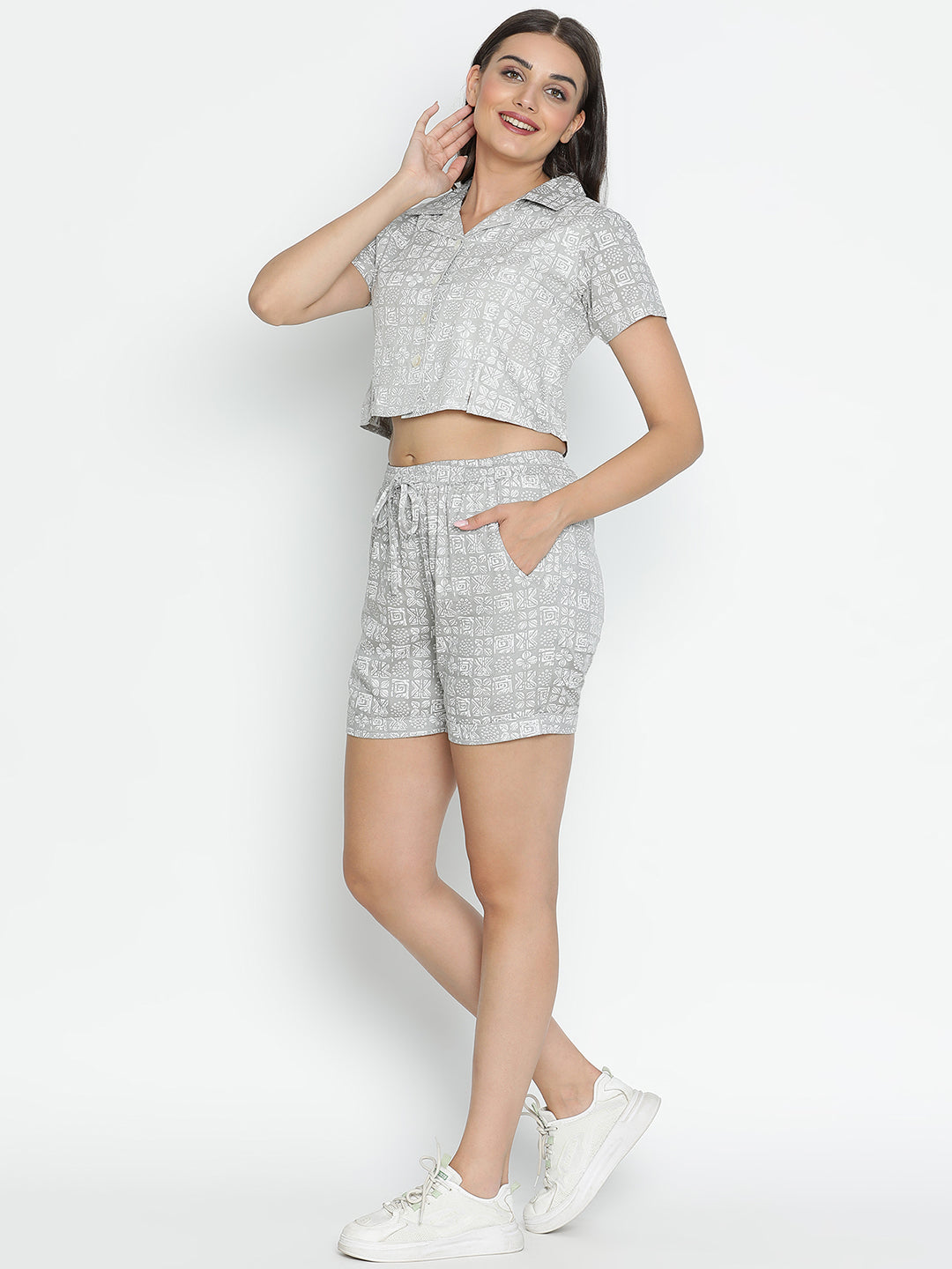 DRAAX FASHIONS Womens Grey Printed Co-Ord Set With Top and Shorts