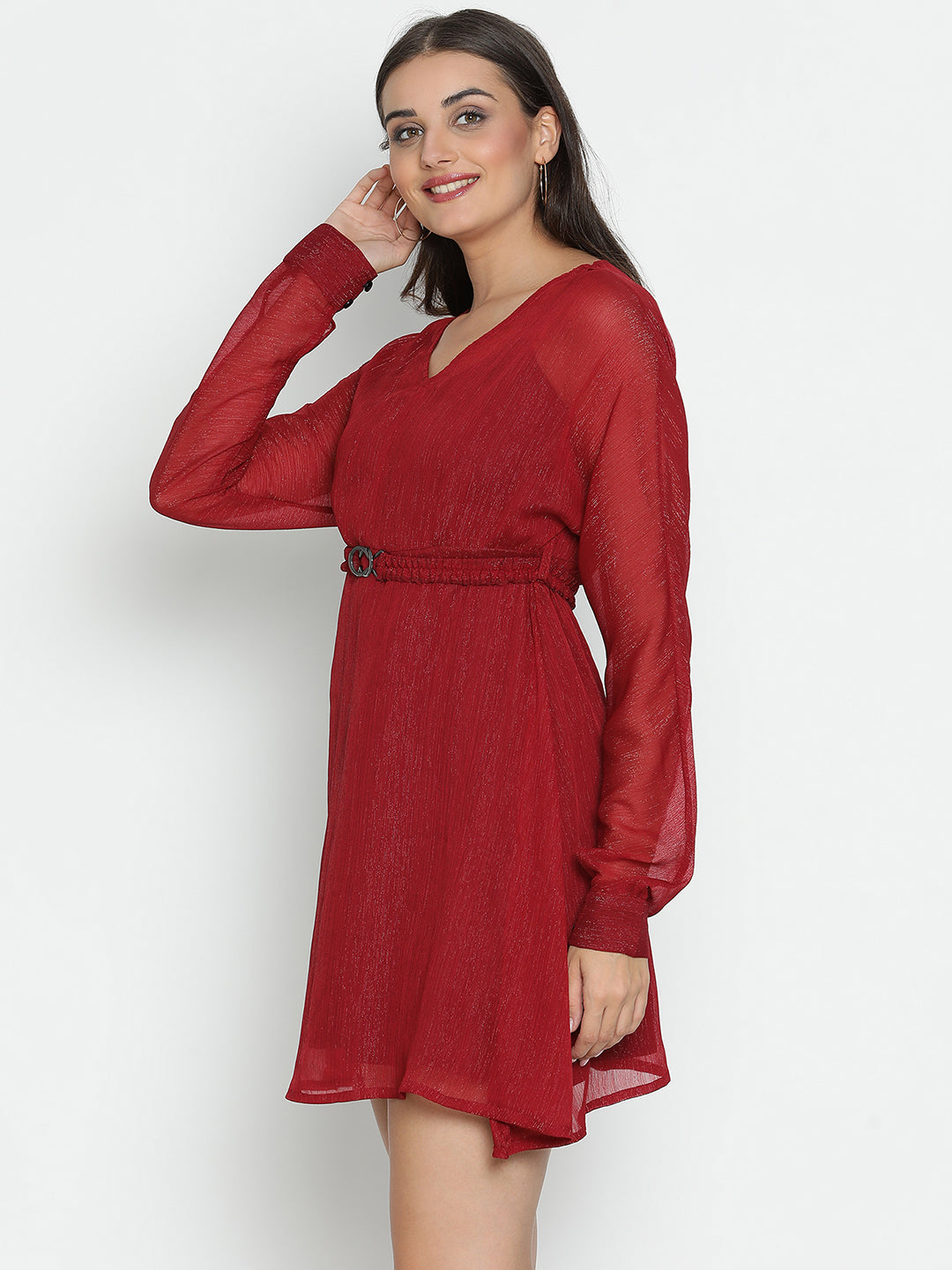 DRAAX FASHIONS Womens Long Sleeve V-Neck Red Dress