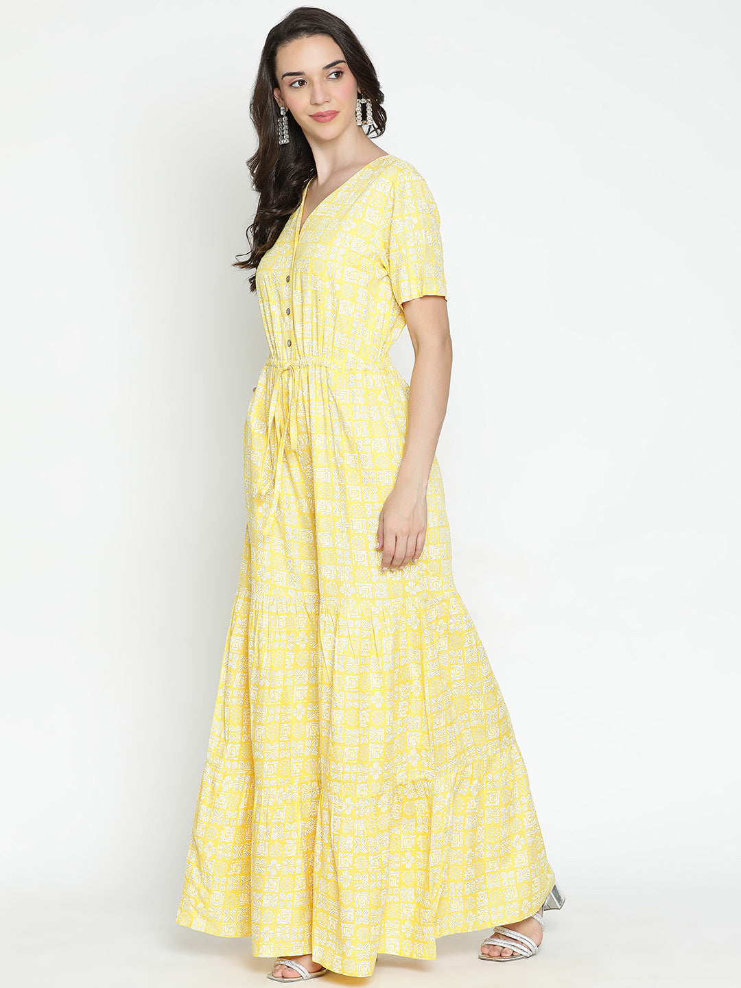 DRAAX FASHIONS Womens Yellow Printed Short Sleeves Jumpsuit