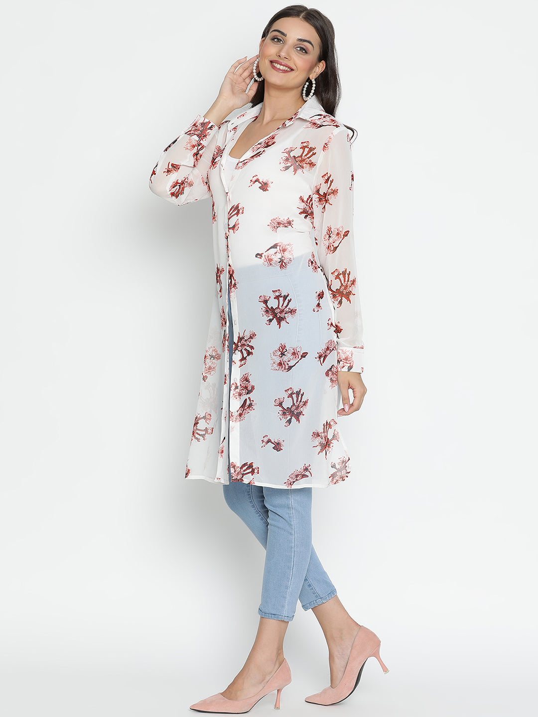 DRAAX FASHIONS Womens White Floral Long Shrug