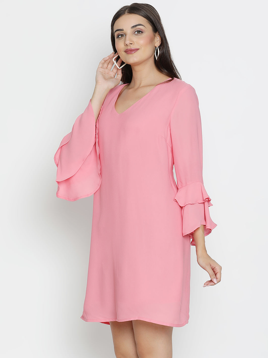 DRAAX FASHIONS Womens Full Sleeves V-Neck Pink Dress