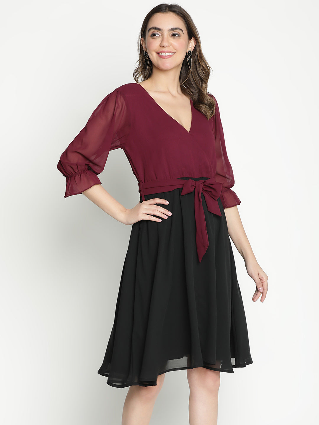 Knee Length,Multicolor Dress,Knee Length Dress,V-Neck Dress,Quater Sleeves Dress,Multi Solid Dress