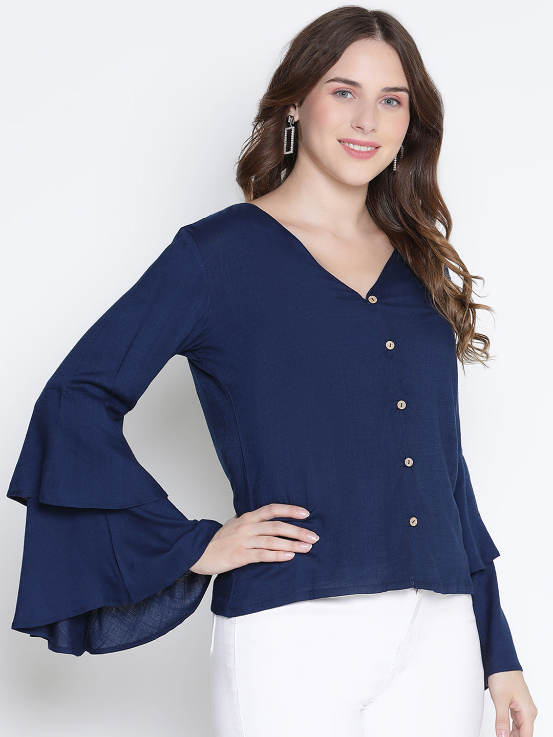 Regular,Blue Top,Regular Top,V-Neck Top,Full Sleeves Top,Blue Solid Top