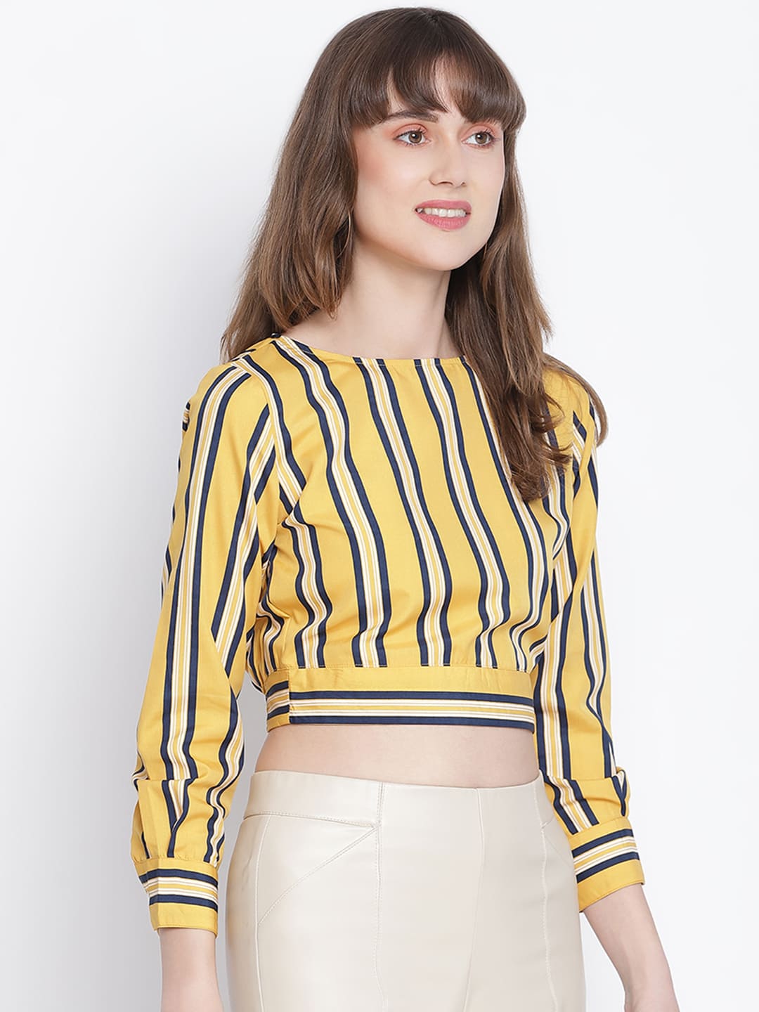 Crop Top,Yellow Top,Crop Top,Round Neck Top,Full Sleeves Top,Yellow Srtipe Top