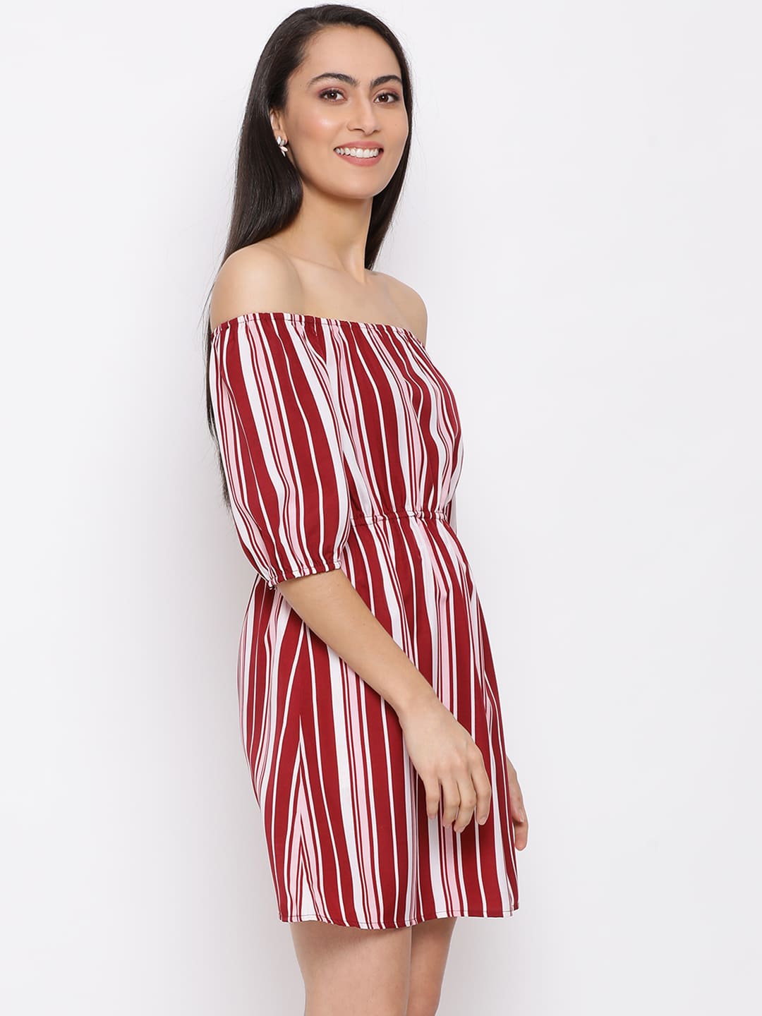 Knee Length,Red Dress,Knee Length Dress,Off Shoulder Dress,Sleeveless Dress,Red Stripes Dress