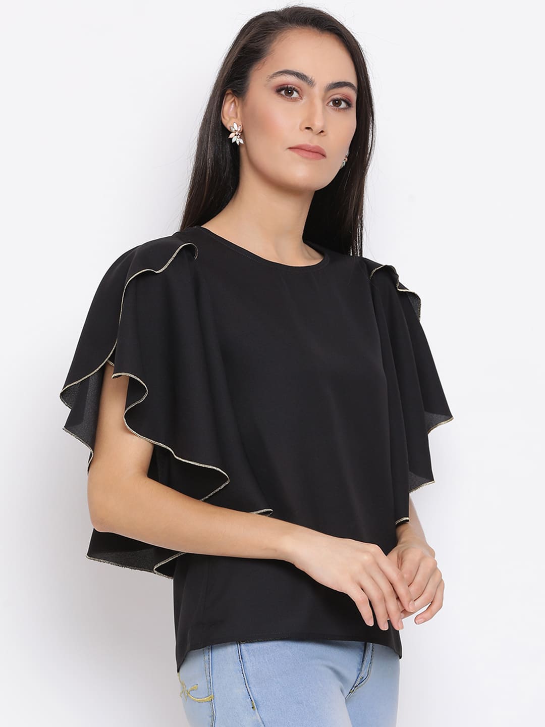 Regular,Black Top,Regular Top,Round Neck Top,Short Sleeves Top,Black Solid Top