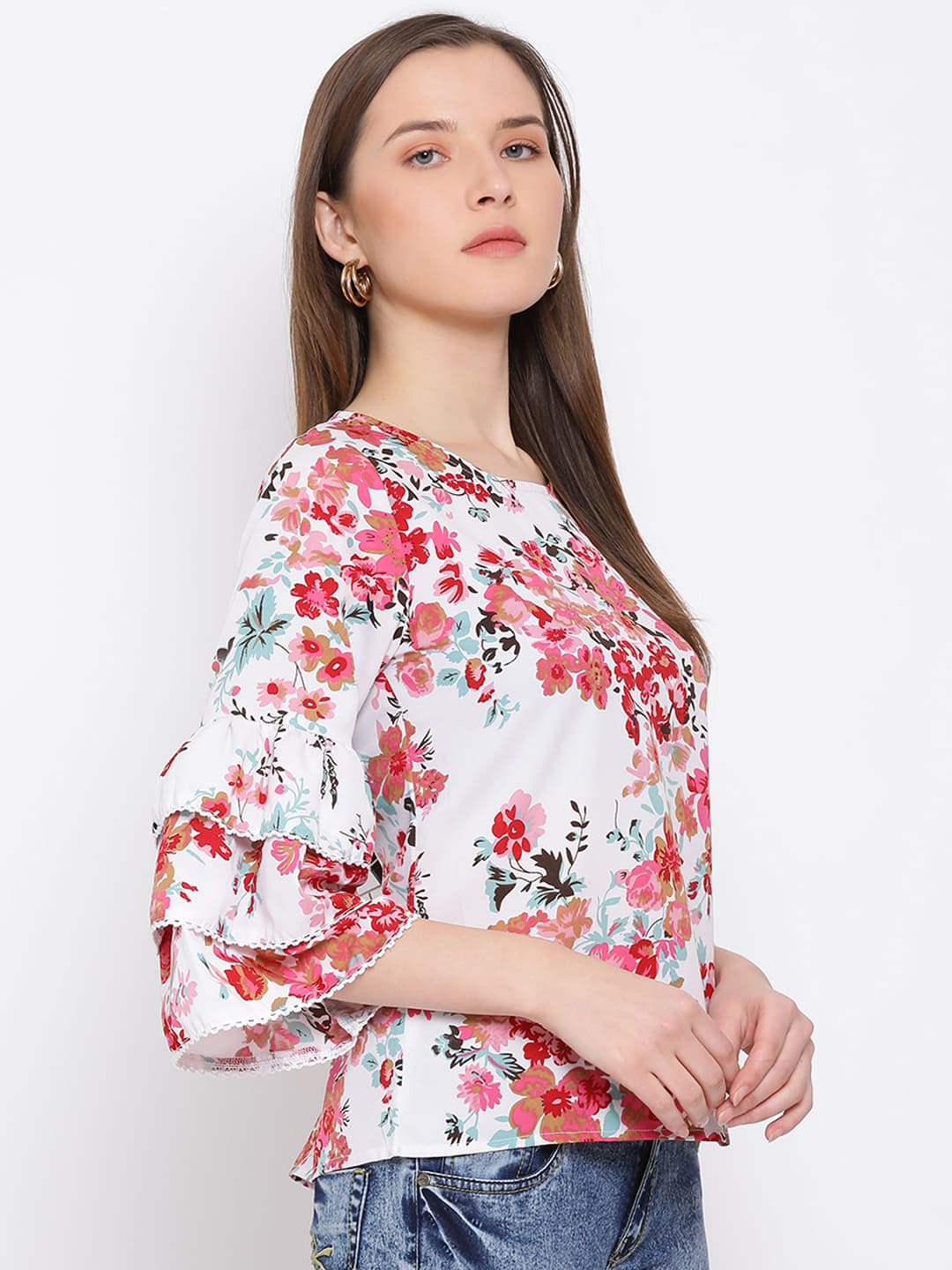 Regular,Multicolor Top,Regular Top,Round Neck Top,Quater Sleeves Top,Multi Floral Print Top