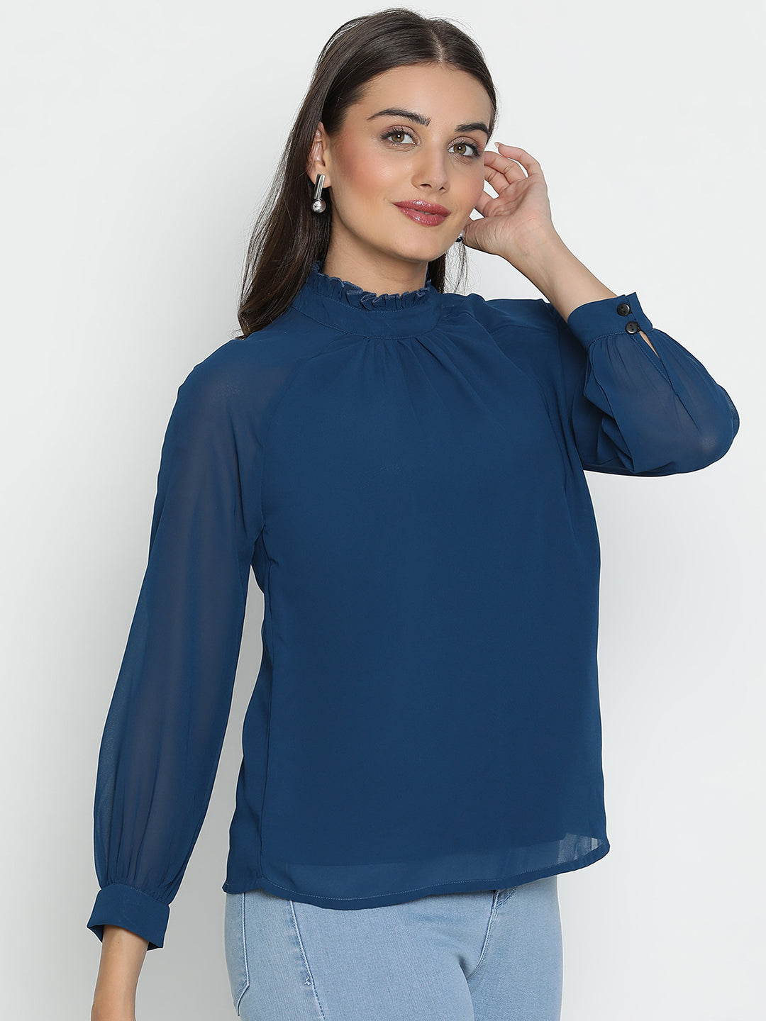 DRAAX FASHIONS महिलाओं के लिए नीला गोल नेक फुल स्लीव्स टॉप