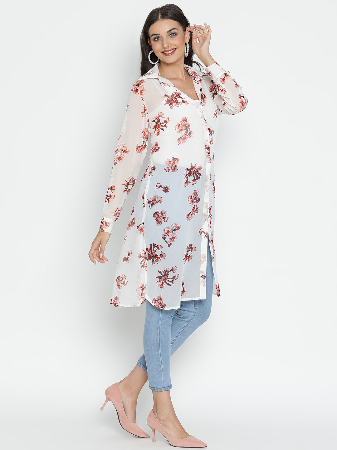 DRAAX FASHIONS Womens White Floral Long Shrug