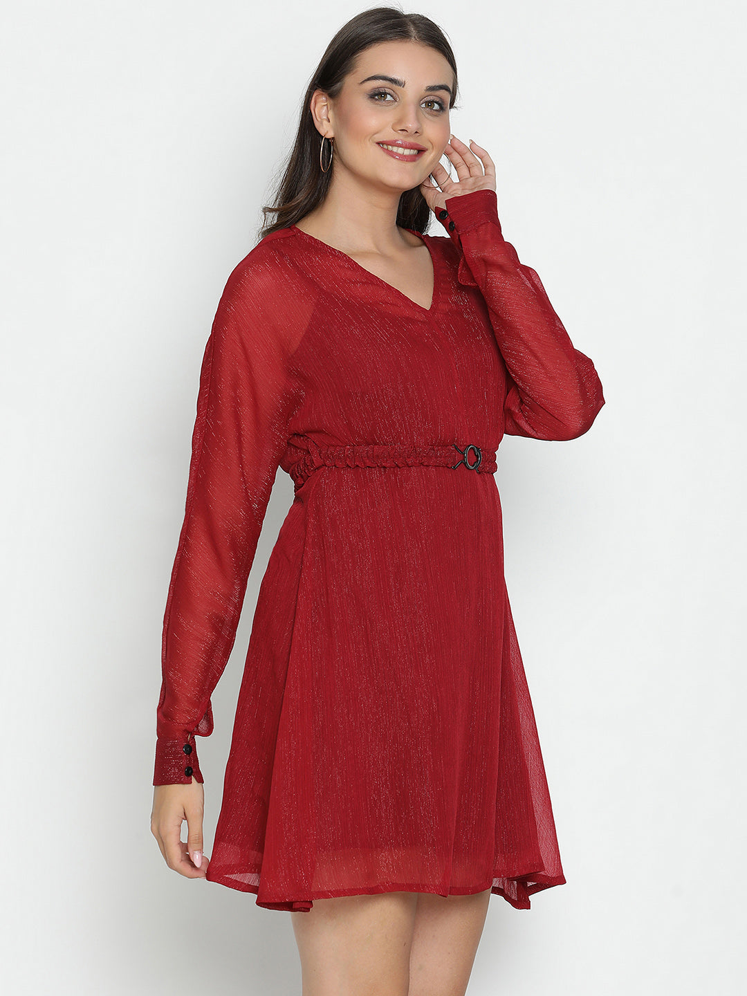 DRAAX FASHIONS Womens Long Sleeve V-Neck Red Dress