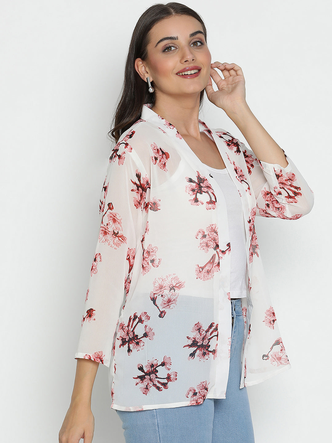 DRAAX FASHIONS Womens White Floral Full Sleeves Long Shrug
