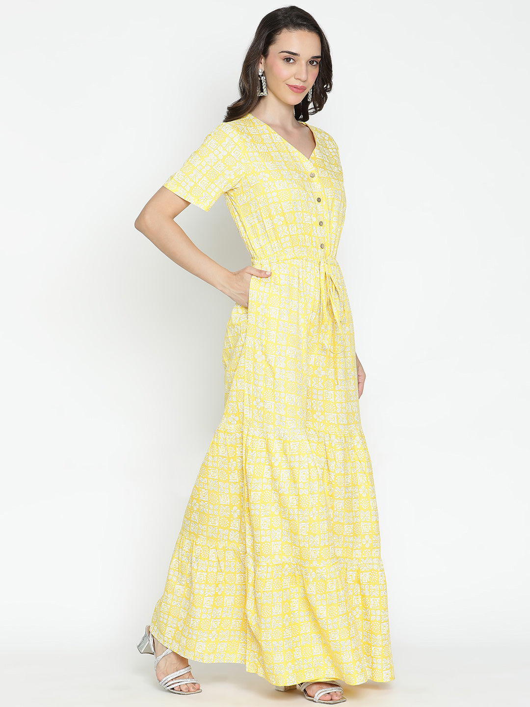 DRAAX FASHIONS Womens Yellow Printed Short Sleeves Jumpsuit