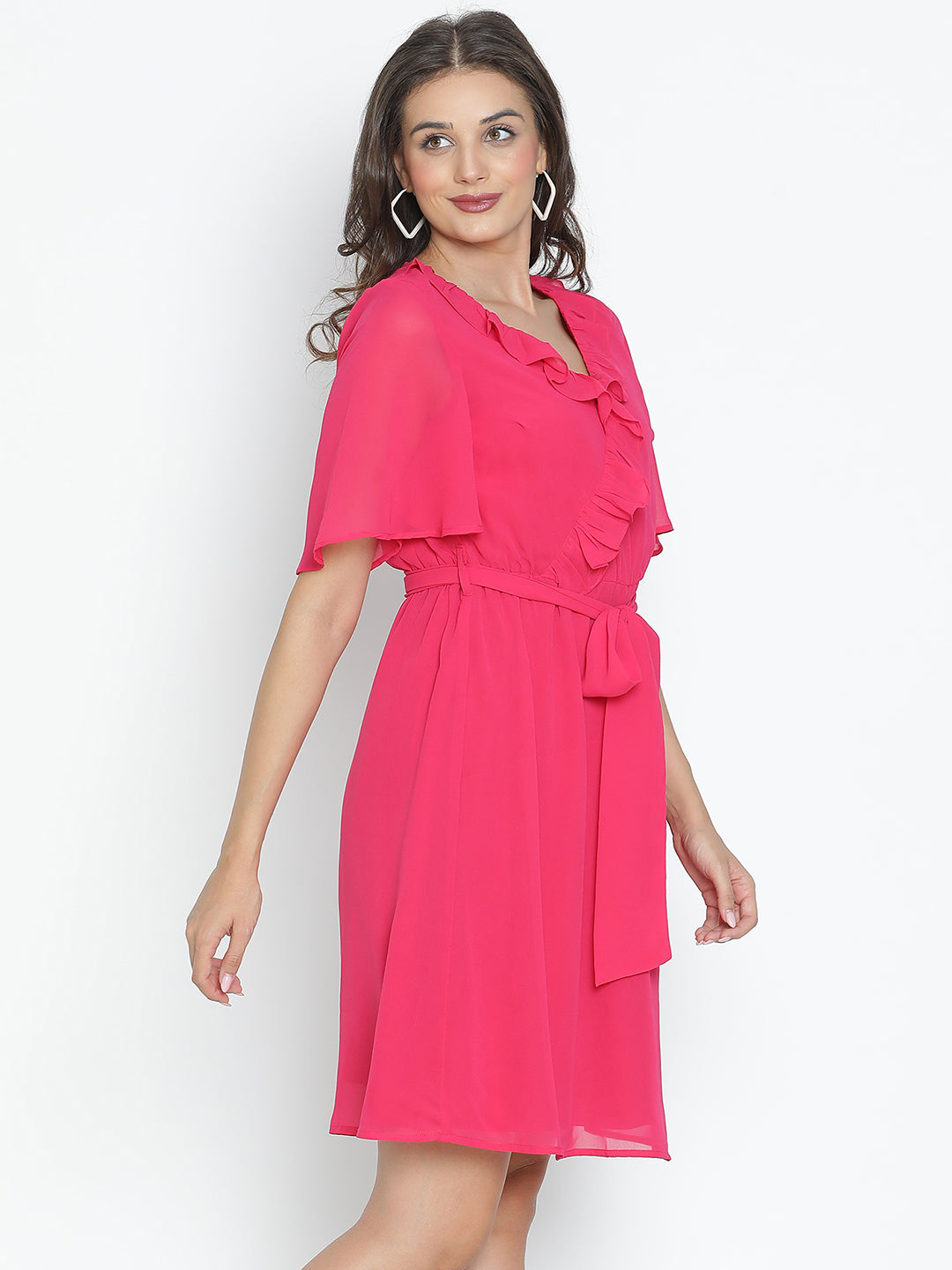 DRAAX FASHIONS Womens Front Tie V-Neck Pink Knee Length Dress