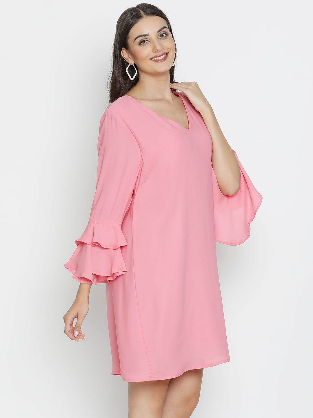 DRAAX FASHIONS Womens Full Sleeves V-Neck Pink Dress