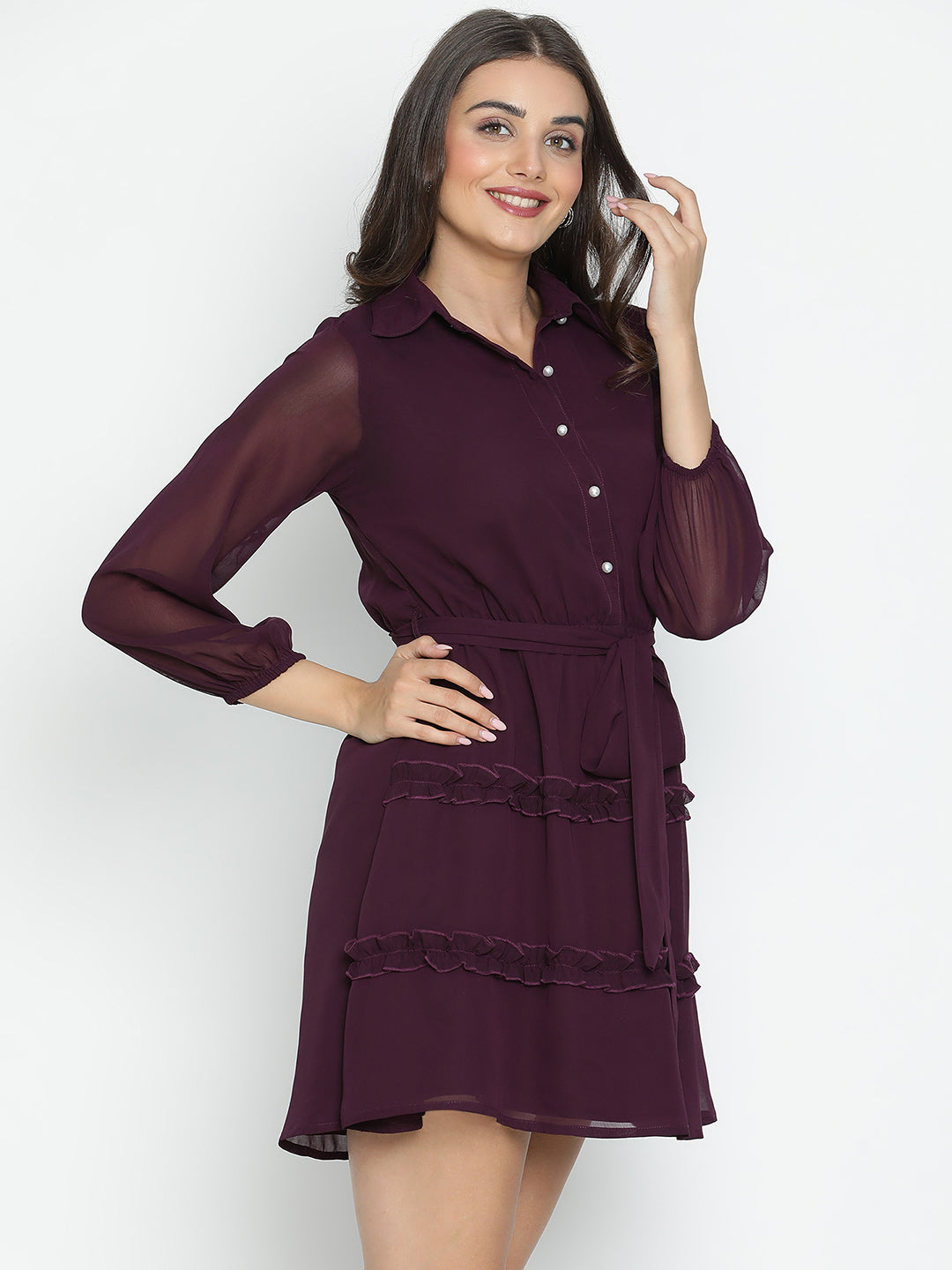 DRAAX FASHIONS Womens Collared Full Sleeves Magenta Knee Length Dress
