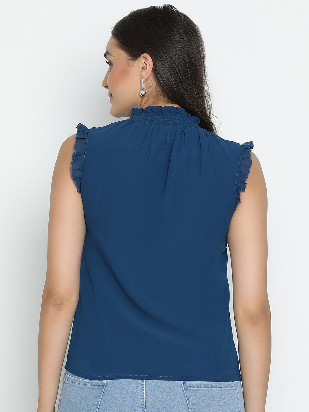 DRAAX FASHIONS महिलाओं के लिए बिना आस्तीन का गोल गर्दन वाला नीला टॉप रफल्स के साथ