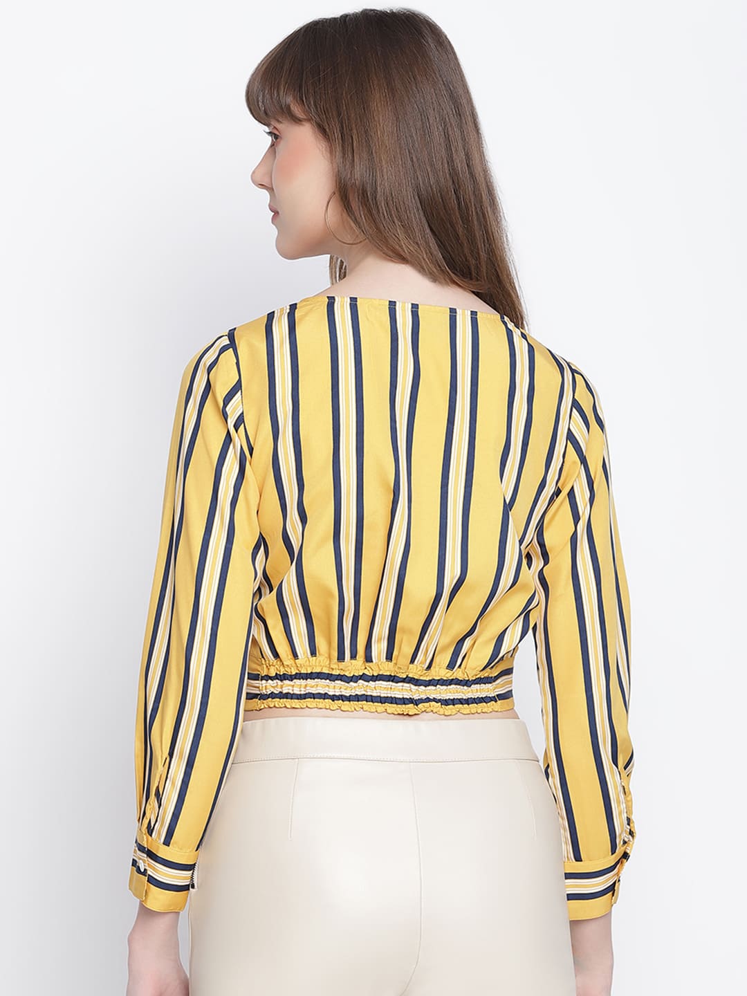 Crop Top,Yellow Top,Crop Top,Round Neck Top,Full Sleeves Top,Yellow Srtipe Top