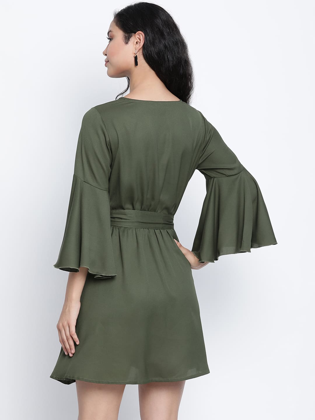 Knee Length,Green Dress,Knee Length Dress,V-Neck Dress,Quater Sleeves Dress,Green Solid Dress