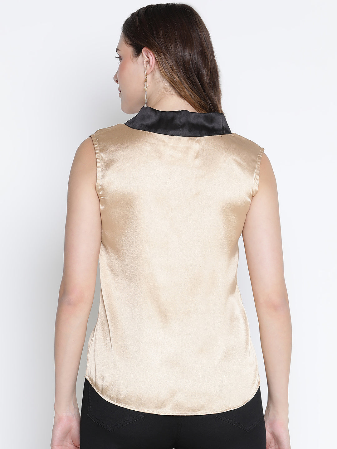 Regular,Gold Top,Regular Top,V-Neck Top,Sleeveless Top,Gold Solid Top