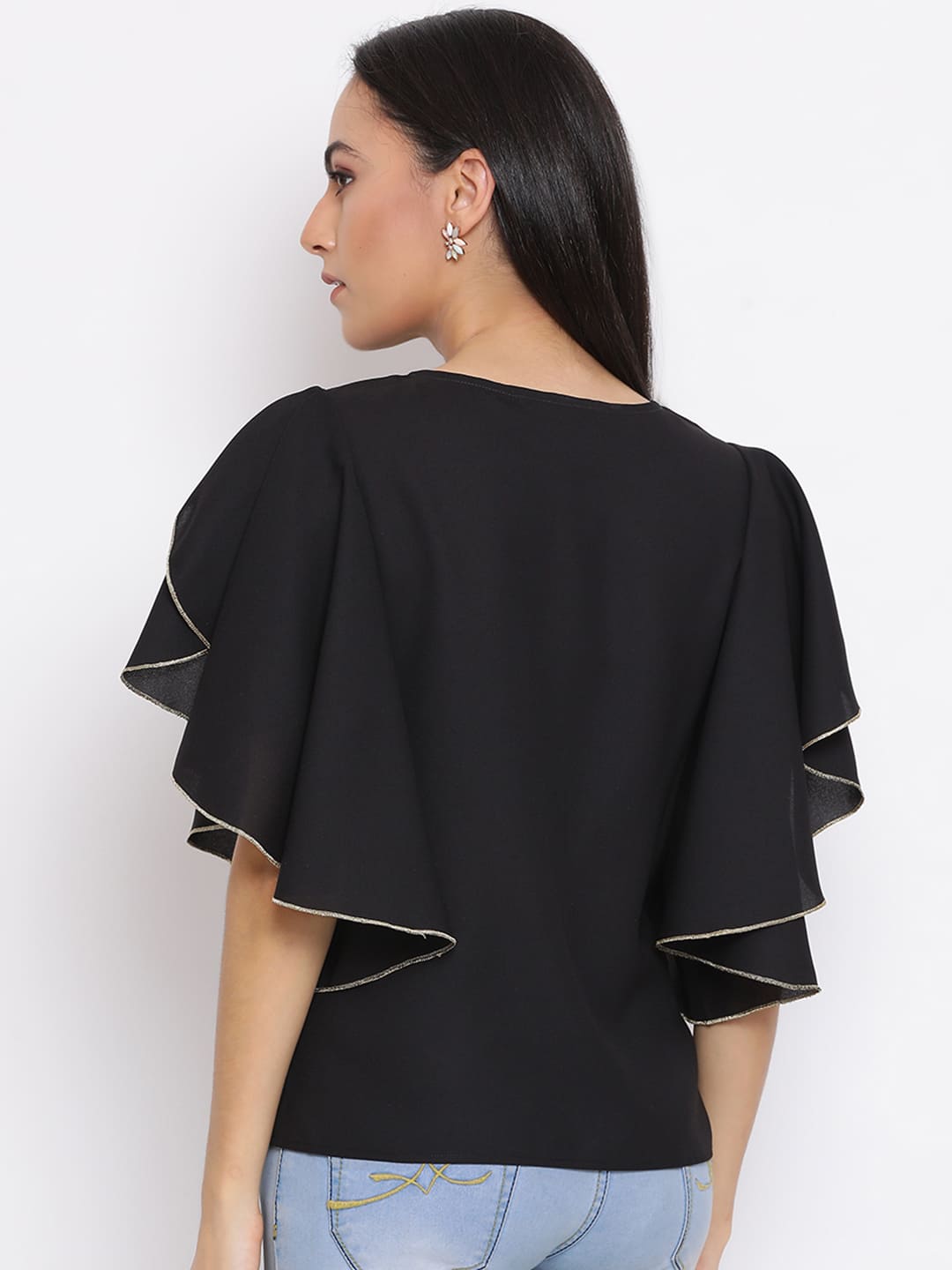 Regular,Black Top,Regular Top,Round Neck Top,Short Sleeves Top,Black Solid Top