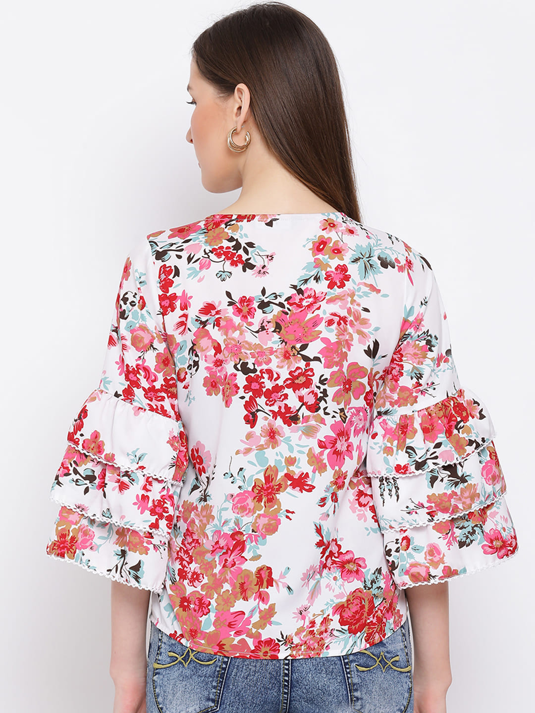 Regular,Multicolor Top,Regular Top,Round Neck Top,Quater Sleeves Top,Multi Floral Print Top