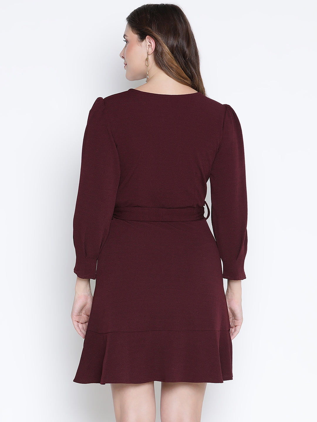 Mini,Brown Dress,Mini Dress,V-Neck Dress,Full Sleeves Dress,Brown Solid Dress