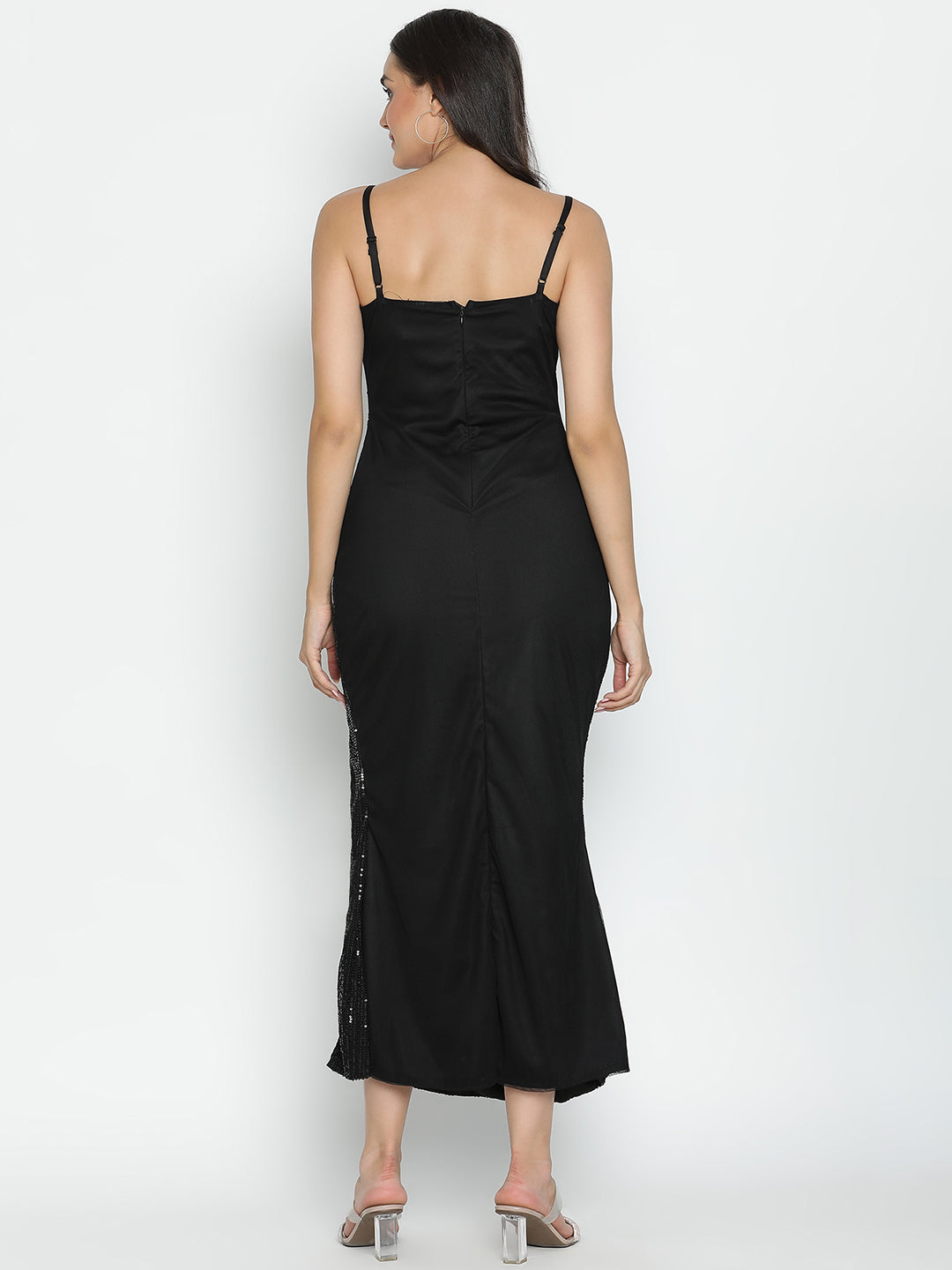 DRAAX FASHIONS Womens Sleeveless Side Slit Black Sequin Gown Dress