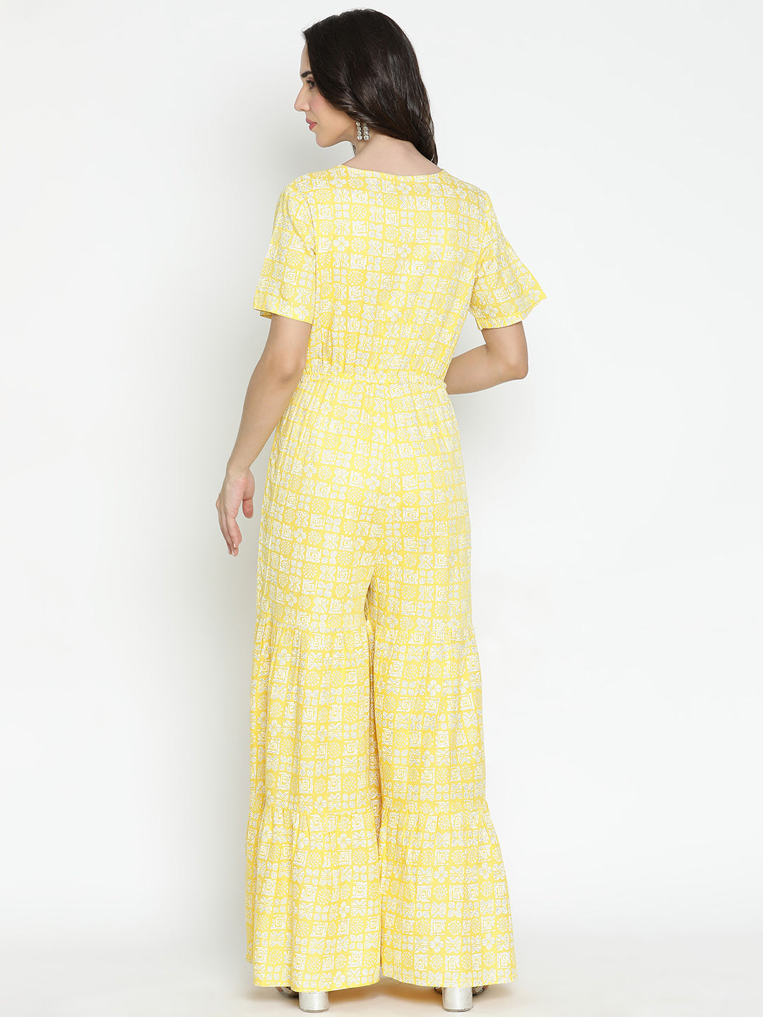 DRAAX FASHIONS Womens Yellow Printed Short Sleeves Jumpsuit